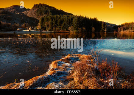 Sun verso il basso sopra Loch Chon in Loch Lomond e il Trossachs National Park, Scozia centrale Foto Stock