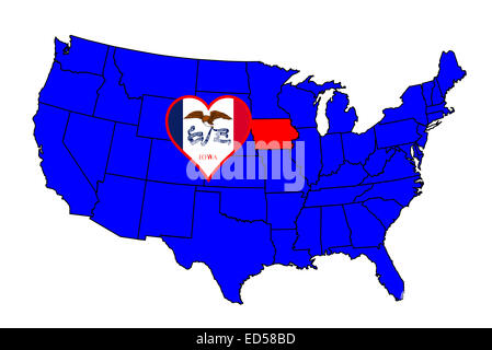 Iowa stato bordato e icona set inset in una mappa degli Stati Uniti d'America Foto Stock