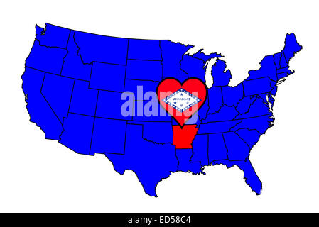 Arkansas state outline e icona set inset in una mappa degli Stati Uniti d'America Foto Stock