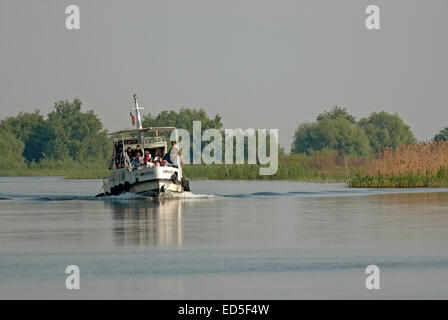 I turisti in motoscafo, il delta del Danubio, Sito Patrimonio Mondiale dell'Unesco, Romania, Europa Foto Stock