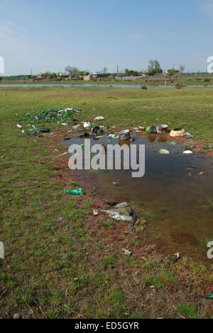 Rifiuti Rifiuti di bottiglie di vetro nei pressi del villaggio di Caraoman, il delta del Danubio, Romania, Europa Foto Stock