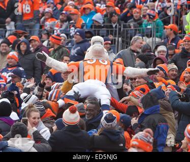 Denver, Colorado, Stati Uniti d'America. 28 dic 2014. Broncos mascotte miglia, Centro, viene passato intorno in mezzo alla folla durante il 1st. La metà a autorità sportive Field at Mile High domenica pomeriggio. Broncos battere i raider 47-14. Credito: Hector Acevedo/ZUMA filo/Alamy Live News Foto Stock