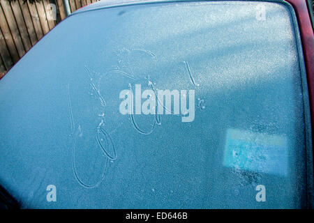 Il torneo di Wimbledon, Londra, Regno Unito. Il 29 dicembre, 2014. Regno Unito: meteo di un parabrezza di automobile coperto di brina con la scritta 'la sua fredda' Credito: amer ghazzal/Alamy Live News Foto Stock