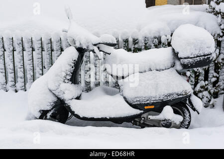 Zurigo, Svizzera. 29 dic 2014. Una coperta di neve scooter Vespa parcheggiata su una strada di Zurigo. Credito: Erik Tham/Alamy Live News Foto Stock