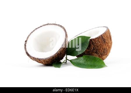Noce di cocco con foglie su sfondo bianco Foto Stock