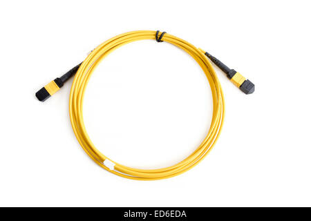 Nastro in fibra ottica patch cord con connettore MTP isolati su sfondo bianco Foto Stock