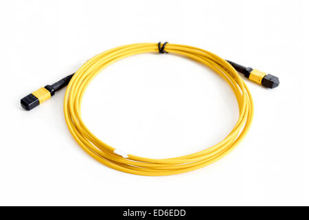 Nastro in fibra ottica patch cord con connettore MTP isolati su sfondo bianco Foto Stock