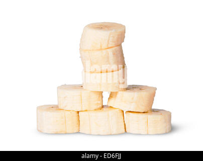 Pila di fette di banana isolato su sfondo bianco Foto Stock