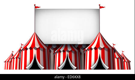 Circus segno come un gruppo di big top il carnevale tende con un grande vuoto pannello di affissione come un divertimento mostra icona per una festa teatrale o party festival isolato su uno sfondo bianco. Foto Stock