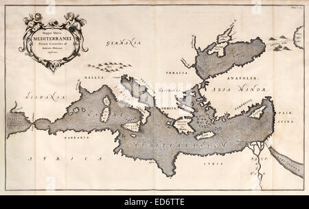 'Mappa Maris Mediterranei Fluxus Currentes et Naturam Motionum Explicans' xvii secolo mappa del Mare Mediterraneo che mostra le correnti oceaniche. Vedere la descrizione per maggiori informazioni. Foto Stock