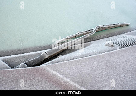 Modelli di ghiaccio e cristalli su una vettura dopo una notte di pesanti frost Foto Stock