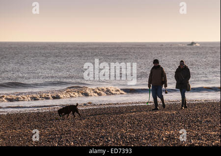 Un giovane e il loro cane per uscire dopo Natale e godere di una passeggiata nel pomeriggio su Southwold Beach in Suffolk , Inghilterra , Inghilterra , Regno Unito Foto Stock