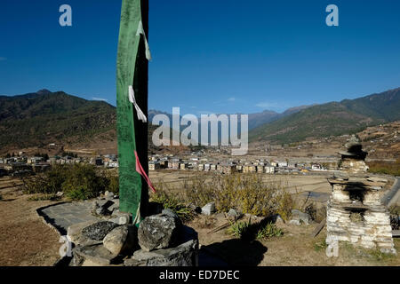 Vista panoramica della città di Paro in Bhutan Foto Stock