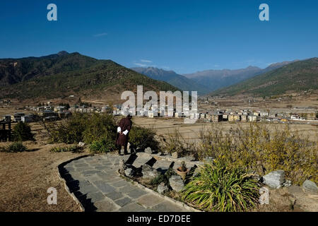 Vista panoramica della città di Paro in Bhutan Foto Stock