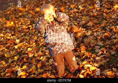 Il toddler guardando al sole su un croccante di autunno il giorno circondato da foglie Foto Stock