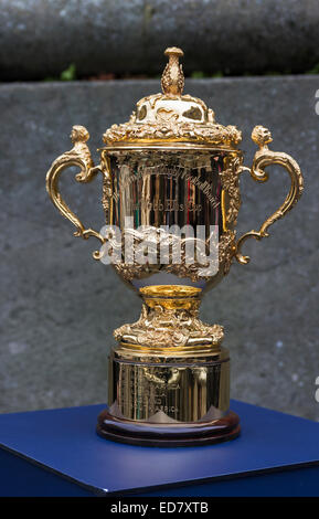 La Webb Ellis Cup sul display in Newcastle upon Tyne per pubblicizzare il 2015 il Rugby World Cup. Foto Stock