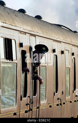Inceppamento della testa al di fuori della finestra del carrello sul Gloucestershire e Warwickshire Railway, Toddington, Gloucestershire, Regno Unito Foto Stock