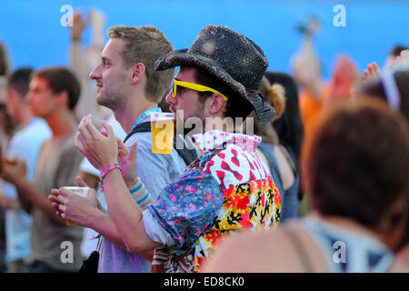 BENICASSIM, Spagna - 19 Luglio: un uomo dalla folla applaude a FIB (Festival Internacional de Benicassim) 2013 Festival. Foto Stock