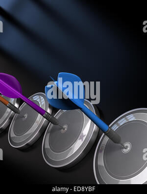 Tre freccette di colpire il centro dei bersagli su blu e sfondo nero. Le forze di vendita di successo, concetto di immagine. Foto Stock
