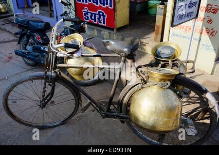 India Rajasthan, regione di Mewar, Bundi village, trasporto latte in bicicletta Foto Stock