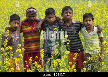 Munshigonj, Bangladesh. Il 2 gennaio, 2015. I bambini che giocano nel campo passň in rassegna in Bangladesh.come l'inverno approfondisce in questo paese che si trova athwart il tropico del Cancro e il paesaggio è colorata, in tutto il paese, con vaste fasce di campi di senape, prestito un impressionante, quasi magico di qualità quasi infinite viste attraverso le pianure deltizio. © Zakir Hossain Chowdhury/ZUMA filo/Alamy Live News Foto Stock