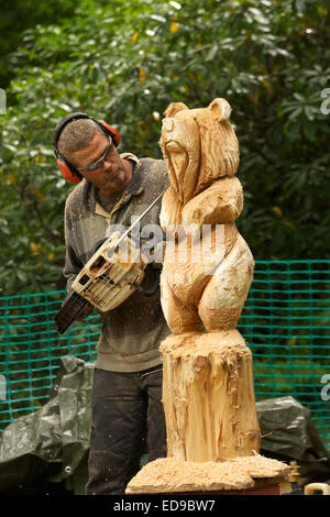 Intagliatore di legno carving un orso fuori del tronco di un albero con una sega a nastro Foto Stock