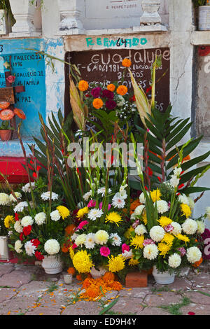 Le tombe sono ricoperti di fiori freschi di benvenuto cari torna a terra durante il giorno dei morti - San Miguel De Allende, MEXIC Foto Stock