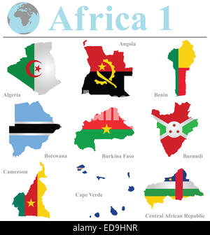 Bandiere di Africa collection 1 sovrapposto sulla mappa di contorno isolati su sfondo bianco Foto Stock