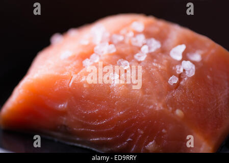 Materie rosso Filetto di pesce con sale marino on dark pan, vicino il fuoco selettivo Foto Stock