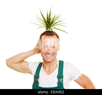 Giardiniere Felice Tiene un impianto dietro la sua testa come un divertente stile di capelli Foto Stock