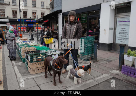 Uomo che cammina i suoi cani alla domenica Mercato degli Agricoltori nel mercato di Brixton, Londra Foto Stock