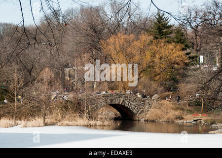 Gapstow ponte di pietra sul iced il Central park Laguna Foto Stock