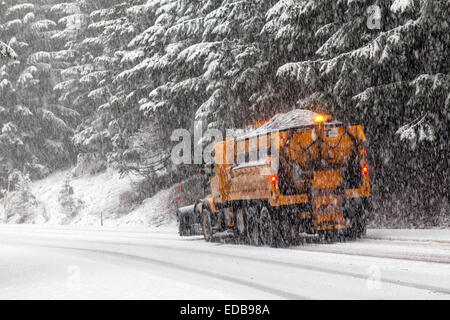 Spazzaneve e cinder carrello stradale di aratura e la caduta di cenere sulla curva durante la tempesta di neve sulla lapide Pass, Cascades, Oregon, Stati Uniti d'America. Foto Stock