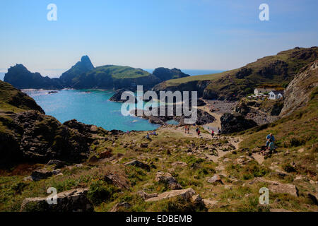 Sentiero costiero di Kynance Cove Beach La Lucertola vicino a Helston Cornwall Regno Unito su una bella e soleggiata giornata estiva con il blu del cielo e del mare Foto Stock