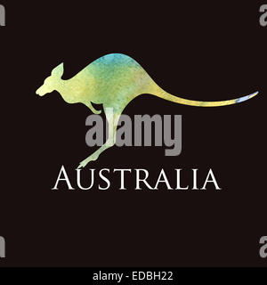 Acquerello silhouette kangaroo segno su uno sfondo nero Foto Stock