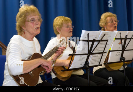 Le donne di istituto (wi) membri di cantare e suonare l'ukulele al tempo di Natale in village hall di whitehill, vicino bordon, hampsh Foto Stock