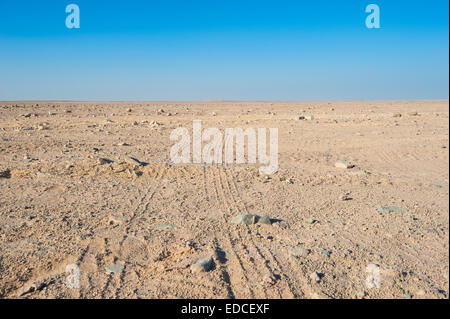 In un pneumatico di un veicolo le vie passando attraverso una desolata arido deserto roccioso paesaggio Foto Stock