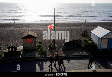 Bandiera dell'Unione a mezz'asta all'esterno del Brighton Fishing Museum in riferimento a Andy Durr che è morto di recente nel gennaio 2015 Foto Stock