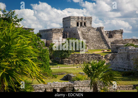 Rovine del tempio Maya motivi a Tulum, Yucatan, Messico Foto Stock