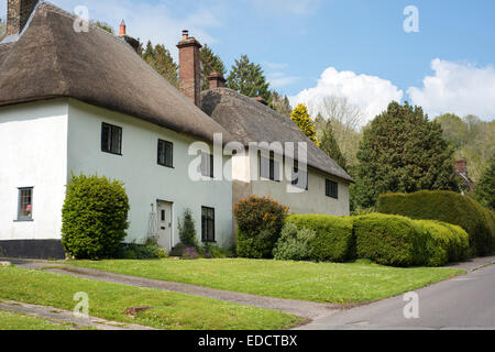 Cottage con il tetto di paglia nel villaggio di Milton Abbas, Dorset, England, Regno Unito Foto Stock