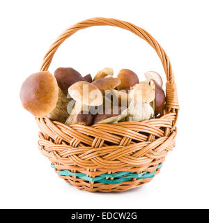 Funghi porcini in un cesto di vimini isolati su sfondo bianco Foto Stock