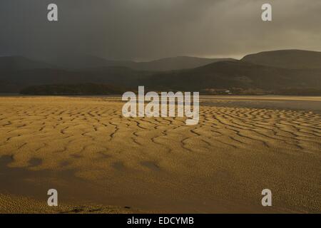 Aria di tempesta a bassa marea sul Mawddach estuary all'interno del Parco Nazionale di Snowdonia, Gwynedd, il Galles del Nord, Regno Unito e Unione europea. Foto Stock