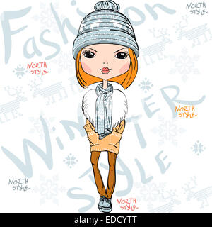 Vector bella moda ragazza in inverno Foto Stock