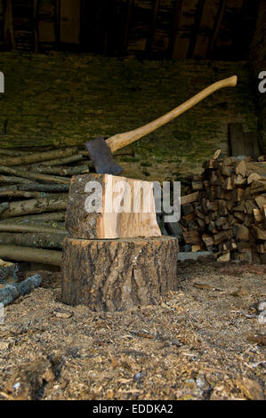 Ax bloccato in un pezzo di legno sulla parte superiore di un ceppo, un mucchio di registri e un trito di legno. Foto Stock