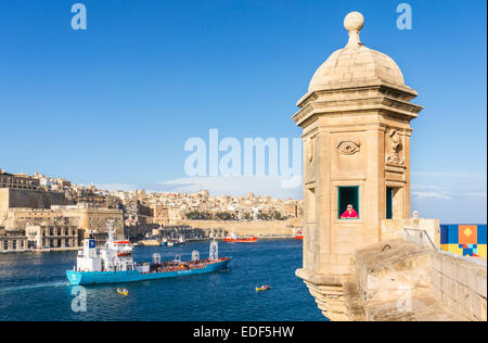 Vedette torre di avvistamento e La Valletta Grand Harbour Senglea Malta EU Europe Foto Stock