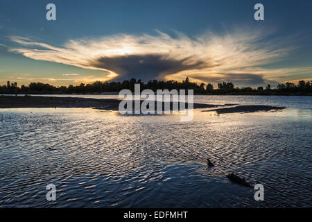 Serata sul fiume Dnieper coperto con haze. L'Ucraina Foto Stock