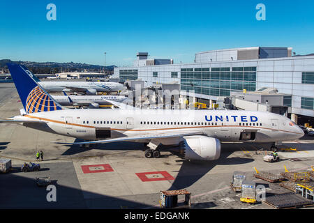 United Airlines Boeing Dreamliner 787-800 all'aeroporto internazionale di San Francisco, San Francisco, California, Stati Uniti d'America Foto Stock