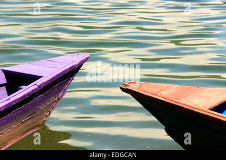 Rosso-blu e viola colorate imbarcazioni a remi in legno isolati sulla riva del 4.43 km2-784 ms.alta Phewa tal-lago. Pokhara. Foto Stock