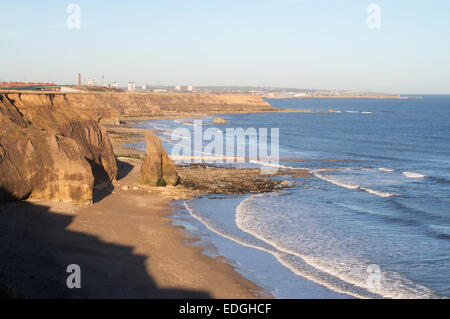 Stack di mare a Ryhope guardando verso nord in direzione di Sunderland sulla North Durham costa, North East England, Regno Unito Foto Stock