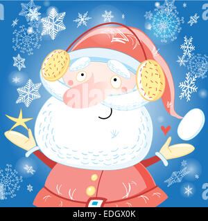 Ritratto luminoso di divertenti Babbo Natale su uno sfondo blu con i fiocchi di neve Foto Stock
